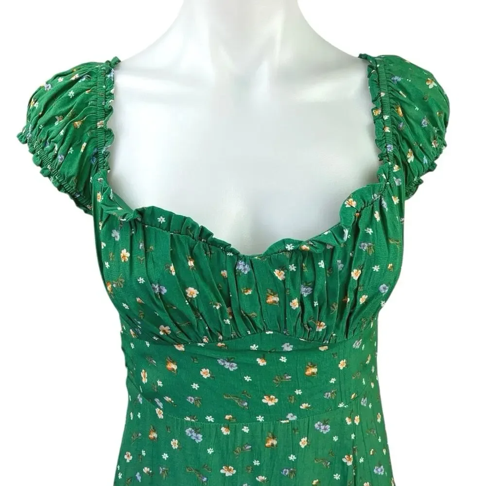 ASTR Green Keepsake Floral Ruffle Scoop Neck Puff Sleeve Smocked Midi Dress Sz S